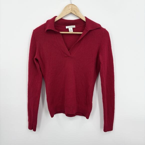 Y2K Cashmere Sweater Small Collared Preppy Red Quiet Luxury Scandi Parisian Soft - Picture 1 of 7